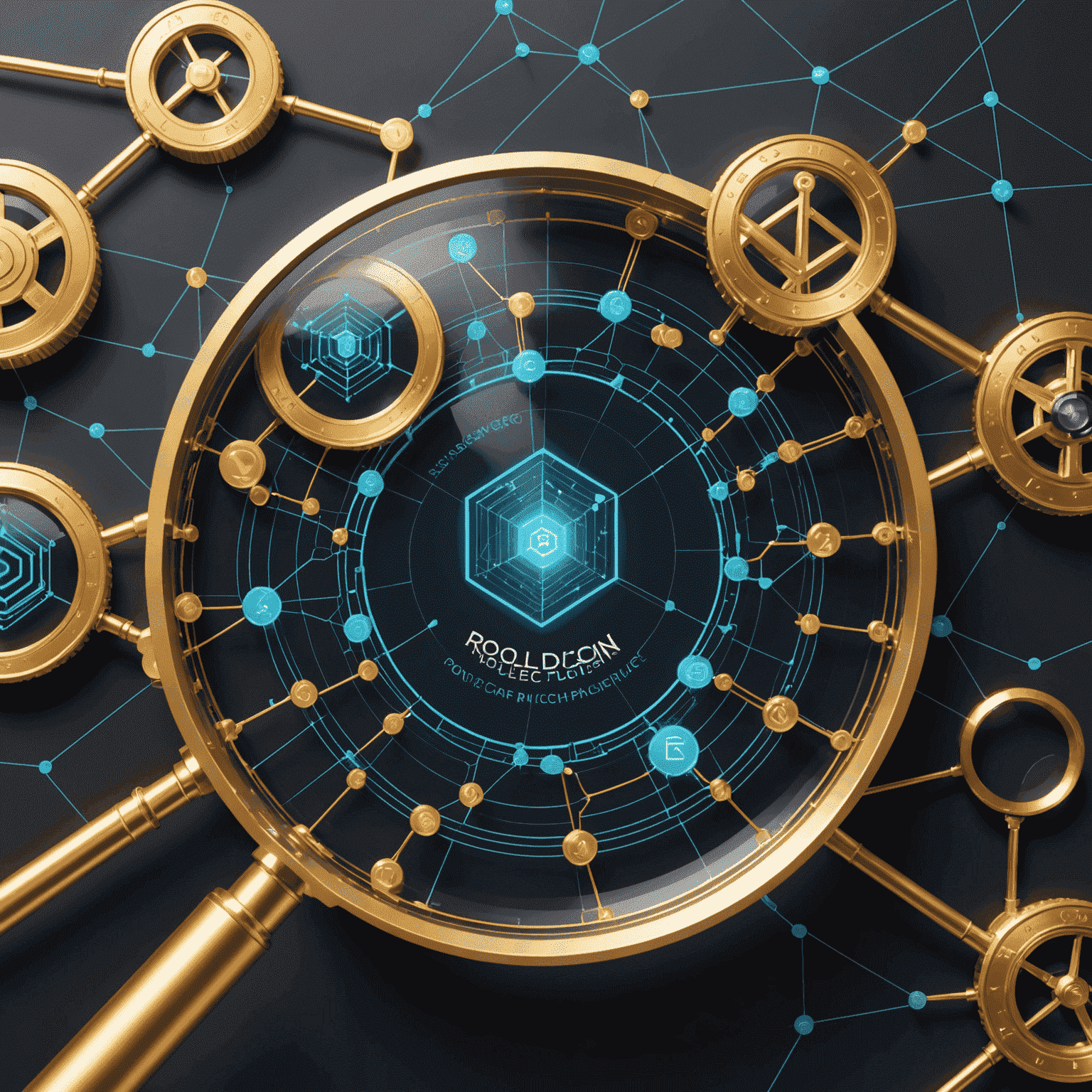 A visual representation of RollerCoin's transparency measures, showing a blockchain network with magnifying glasses examining various nodes, symbolizing audit processes