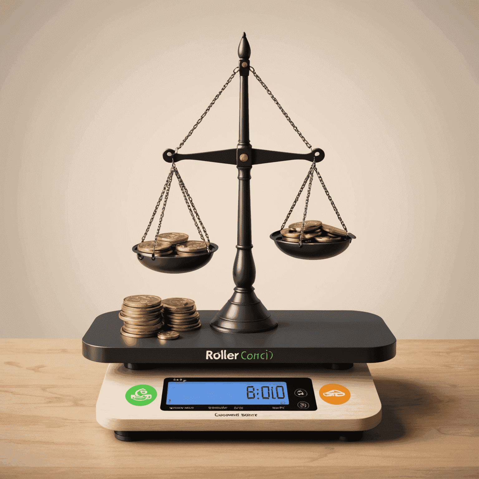 A digital illustration showing a balance scale with RollerCoin logo on one side and various economic factors on the other, symbolizing the platform's economic sustainability