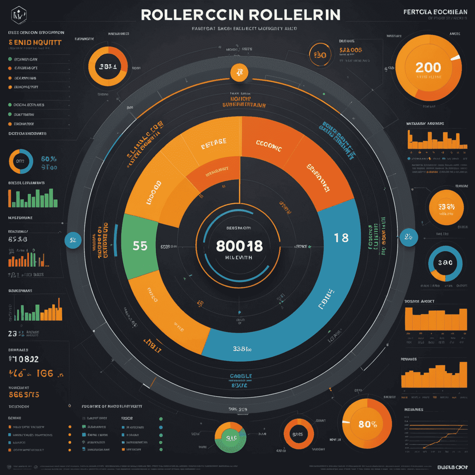 A complex chart showing various economic factors of RollerCoin, including player rewards, mining difficulty, and market trends, illustrating the game's economic sustainability