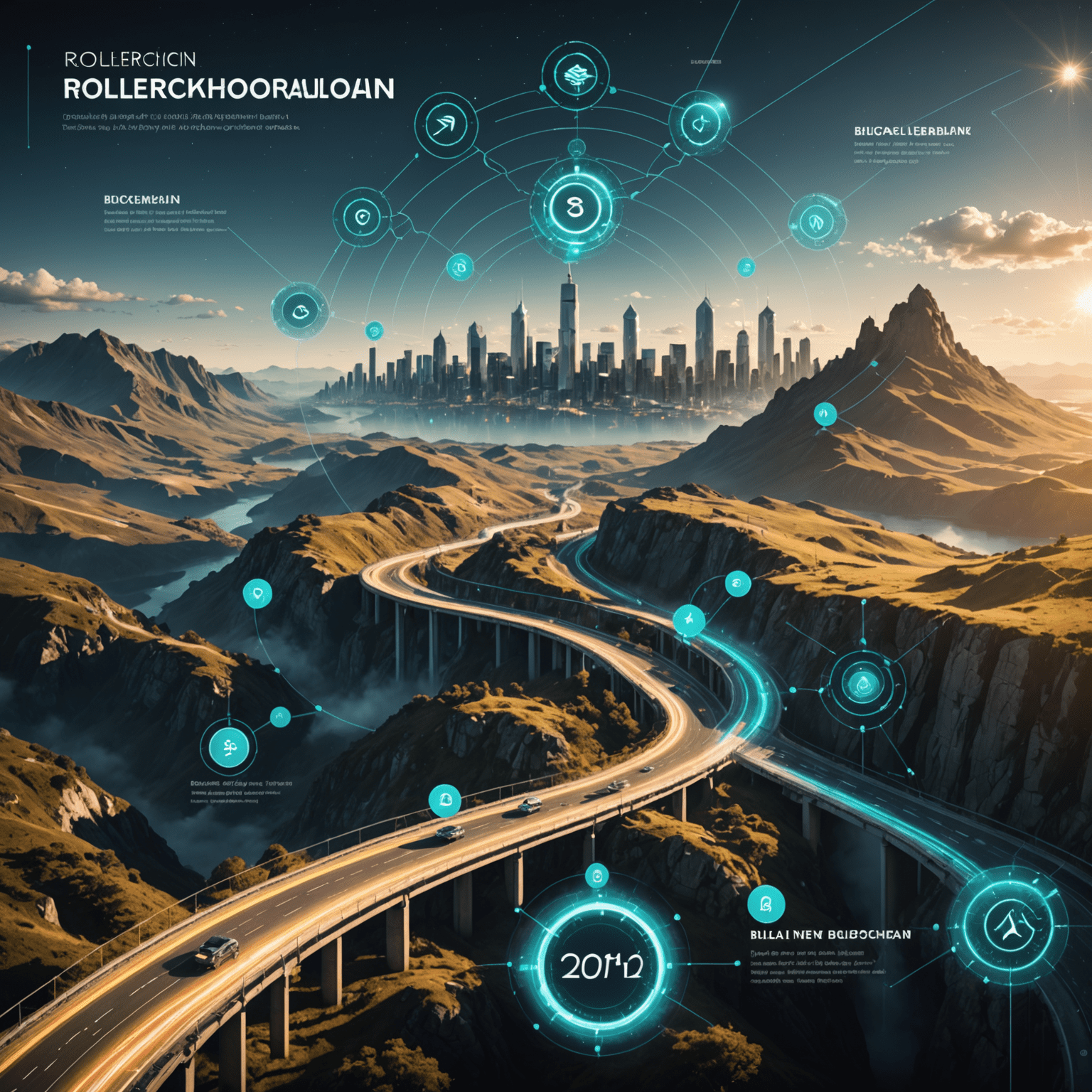 Futuristic visualization of RollerCoin's blockchain roadmap, showing potential upgrades and new features